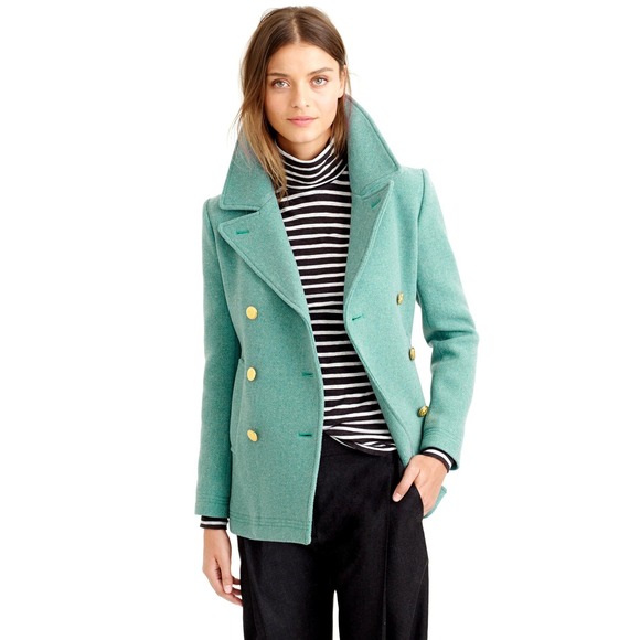 J.Crew Majesty Peacoat Italian Stadium-Cloth Wool Teal Green Gold Buttons 2P - Picture 1 of 9
